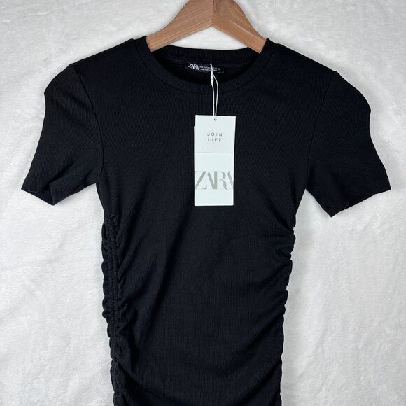 Zara Womens Ruched Mini Dress Black Size S Short-Sleeve Coquette Streetwear NWT - Picture 6 of 12